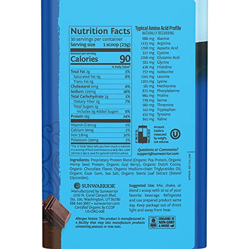 Sunwarrior chocolate organic protein packaging closeup showing organic claims