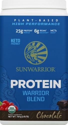 Sunwarrior chocolate organic protein powder bottle ready for shakes