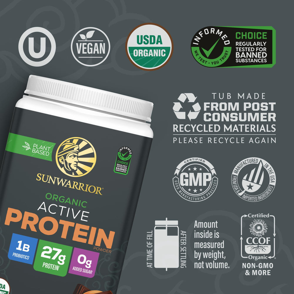 Sunwarrior chocolate peanut butter protein scoop highlighting flavor and protein richness