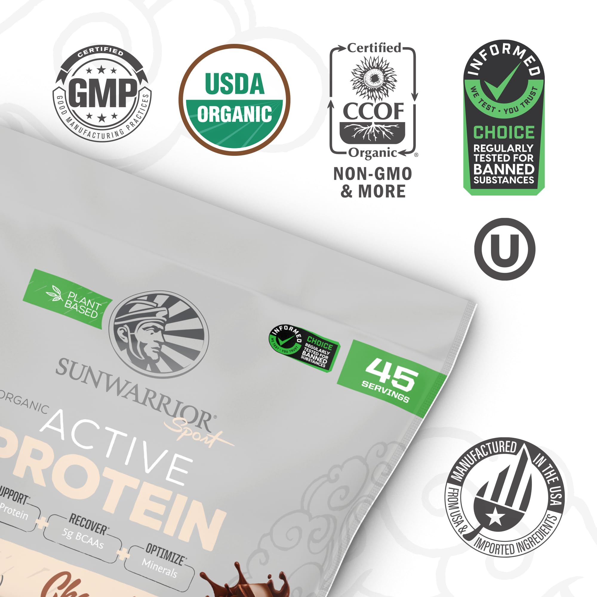 Sunwarrior chocolate protein powder close-up showing rich flavor for shakes.