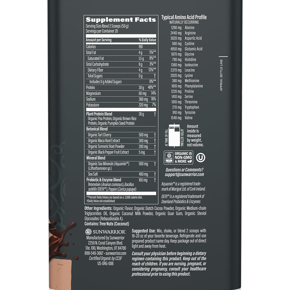 Pouring Sunwarrior chocolate protein powder for quick, creamy shakes