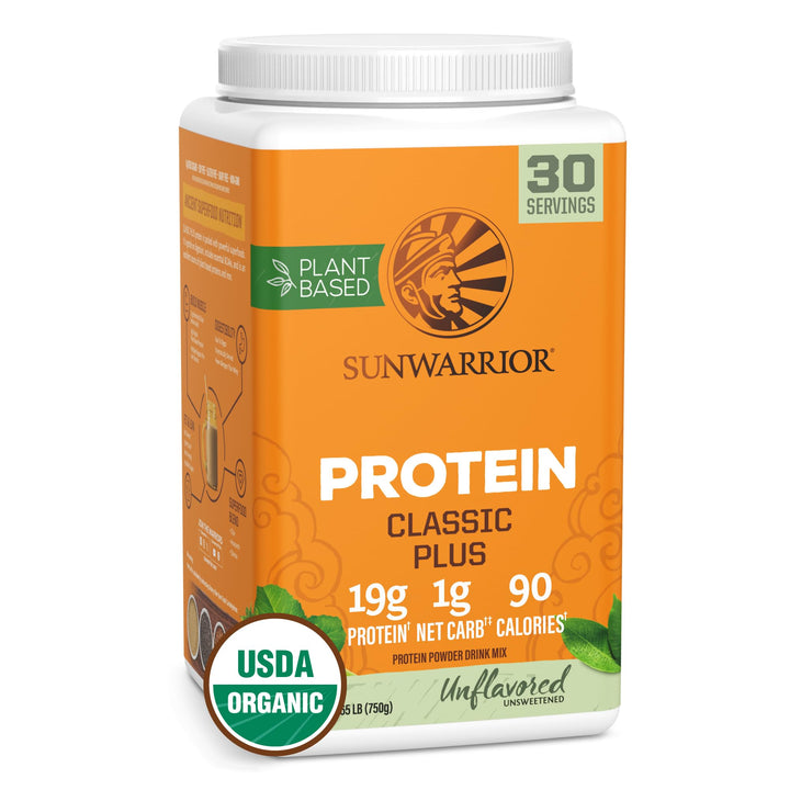 Sunwarrior Classic Plus bottle pour showcasing vegan protein for lean muscle support