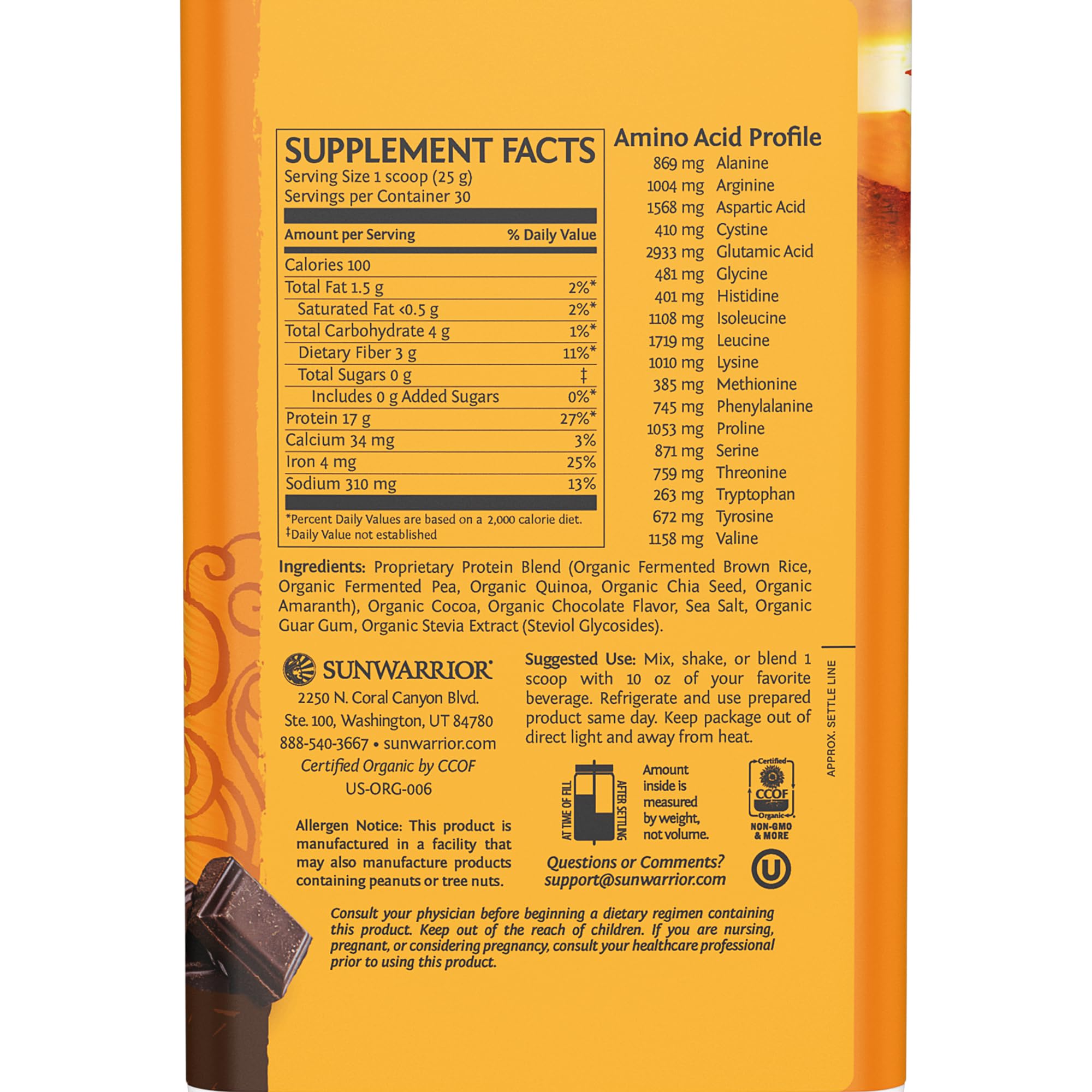 Close-up of Sunwarrior Classic Plus peas and brown rice ingredients showing vegan protein sources.