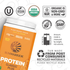 Sunwarrior Classic Plus raw organic protein powder shown as a natural, unprocessed blend.
