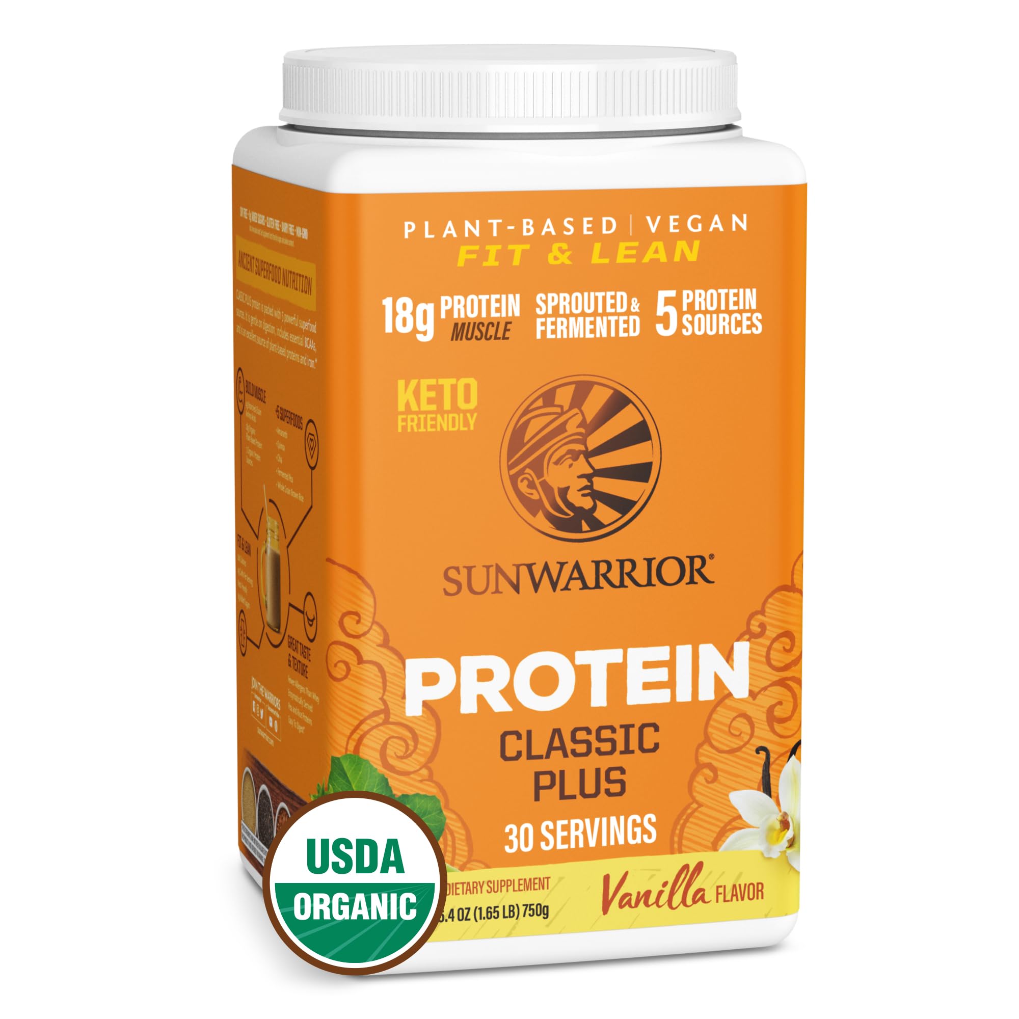 Sunwarrior Clean Vegan Protein Vanilla bottle featuring plant-based nutrition for active days