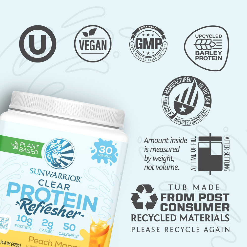 Sunwarrior Clear Protein powder scoop pouring into a cup for easy mixing.