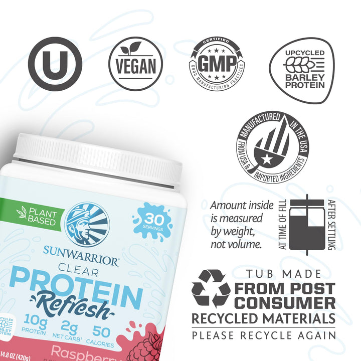 Sunwarrior Clear Protein Raspberry tub front with label visible