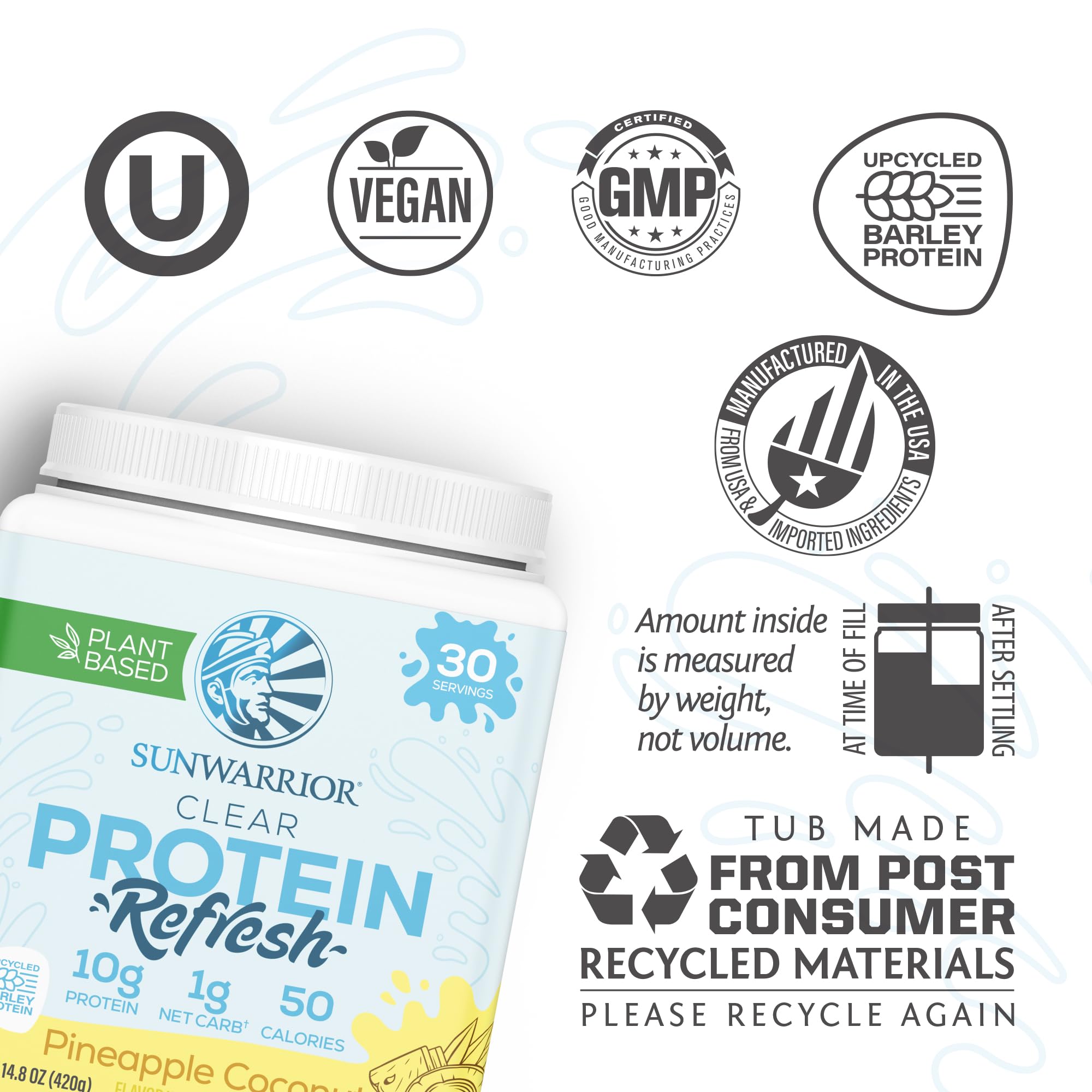 Sunwarrior Clear Protein Refresh tub packaging highlights 420g size and 30 servings
