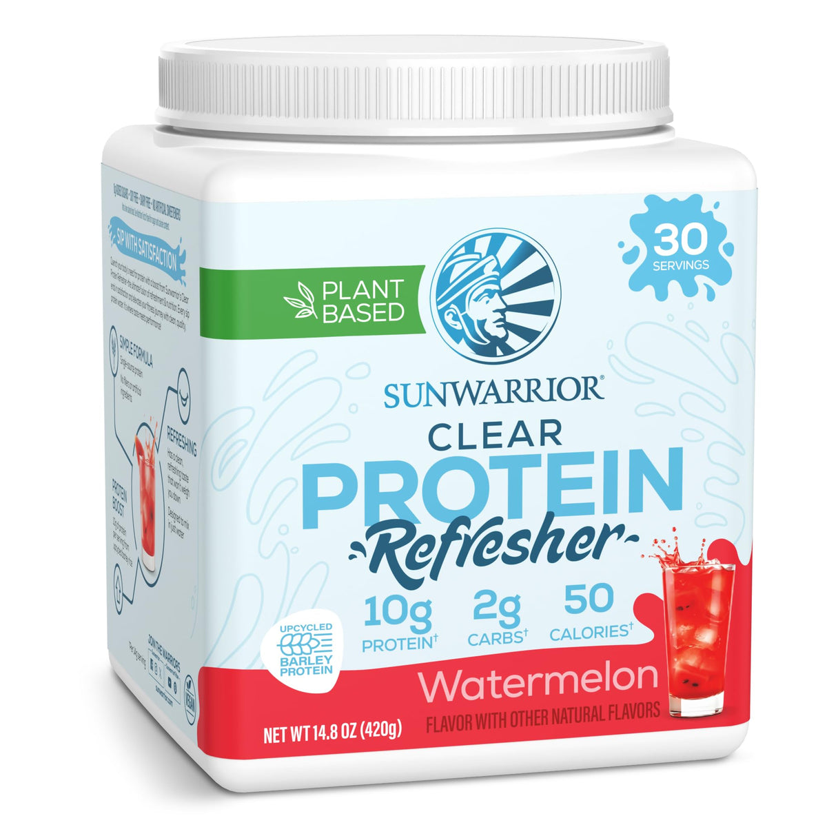 Sunwarrior Clear Protein Watermelon bottle pour—refreshing hydration with plant protein boost.