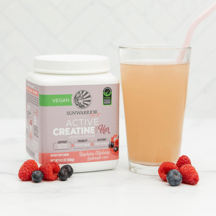 Sunwarrior Creatine for Women 50 servings label indicates long-lasting supply for workouts