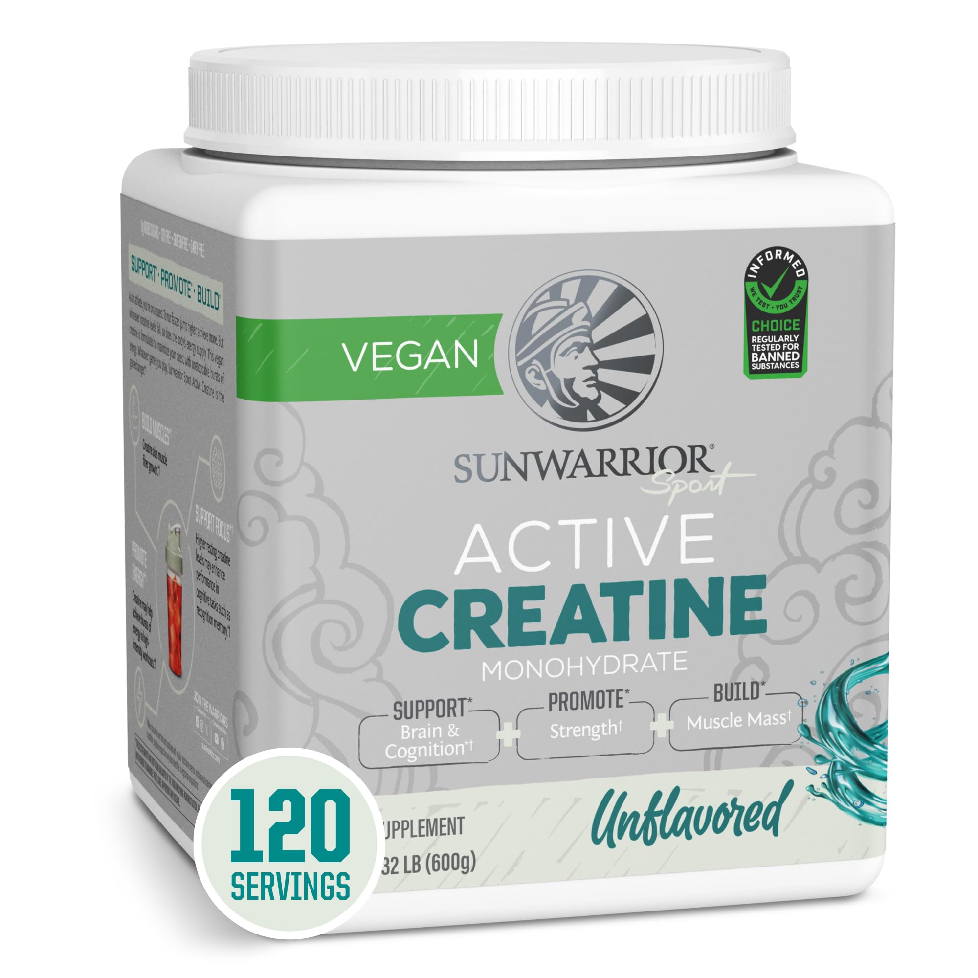 Sunwarrior Creatine Monohydrate bottle showing vegan and keto-friendly formula for training support