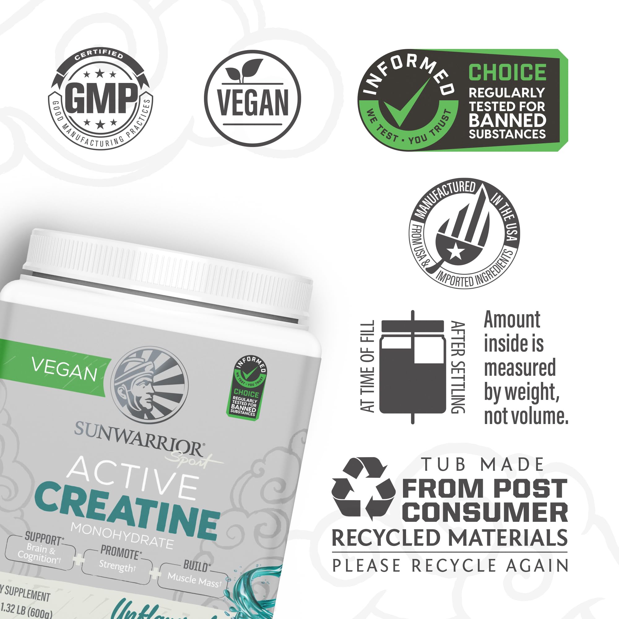 Sunwarrior Creatine Monohydrate label highlights vegan and third-party safety testing