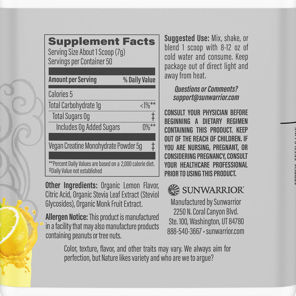 Sunwarrior Creatine Monohydrate powder scoop beside lemonade—easy mixing