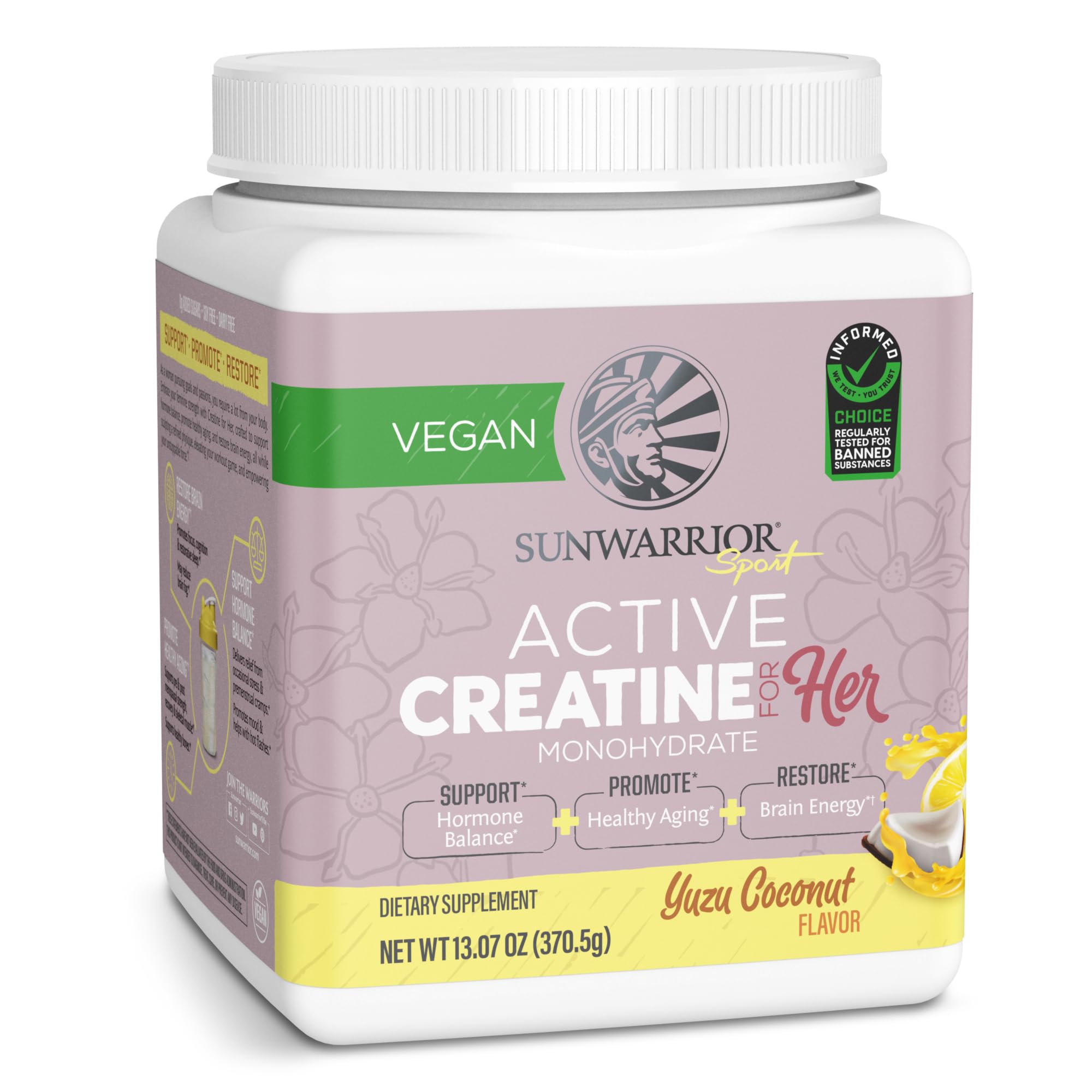 Sunwarrior Creatine Monohydrate Women tub shown for strength support during workouts.