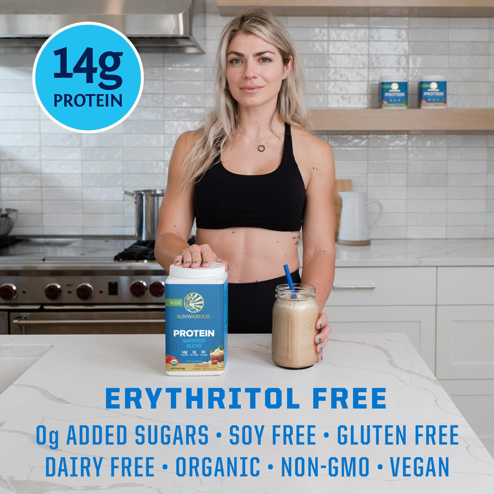 Sunwarrior dairy-free gluten-free non-GMO label on container