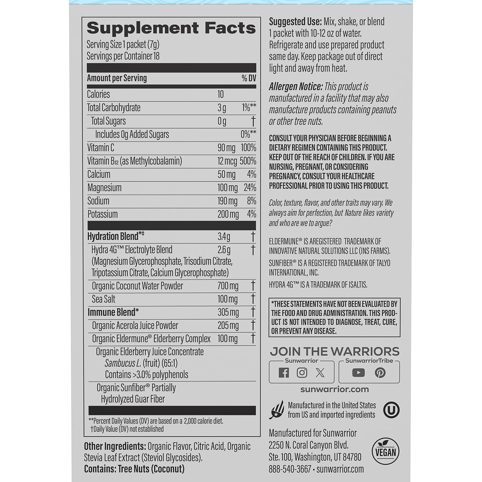 Sunwarrior electrolyte packet with B12 elderberry for energy-support hydration.