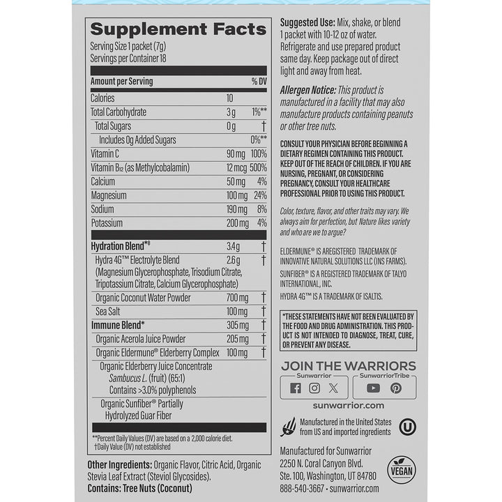 Sunwarrior electrolyte packet with B12 elderberry for energy-support hydration.