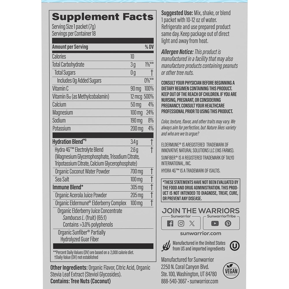 Sunwarrior electrolyte packet with B12 elderberry for energy-support hydration.