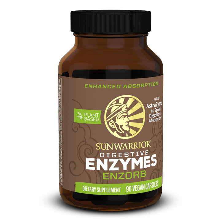 Sunwarrior Enzorb bottle front showcases plant-based digestive support for daily nutrient absorption.