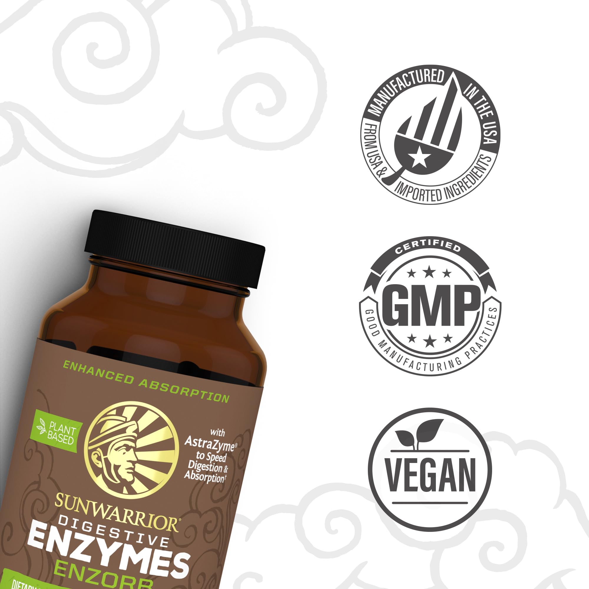 Sunwarrior Enzorb bottle with meals emphasizes taking with food for enhanced nutrient uptake.