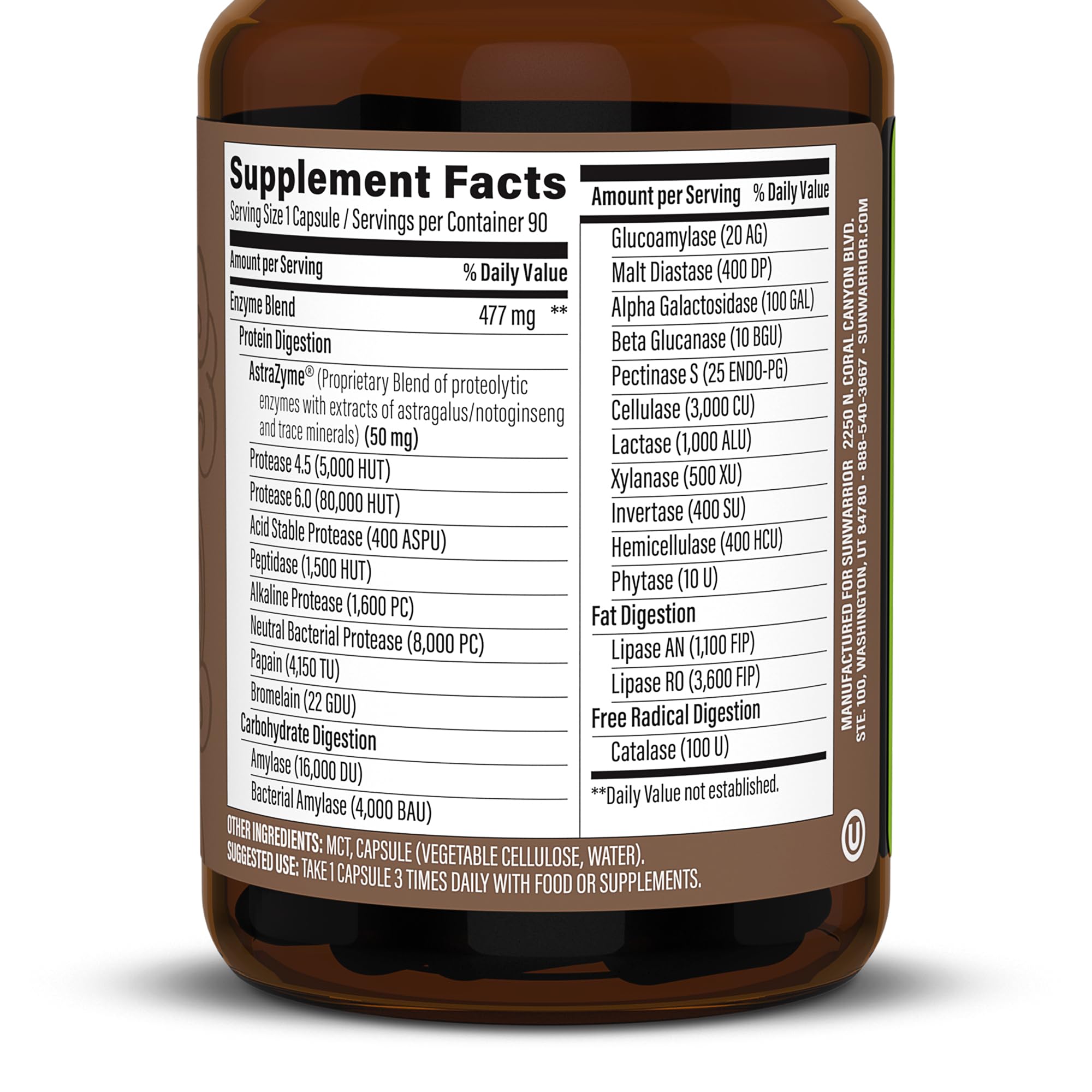 Sunwarrior Enzorb capsules closeup highlights probiotic enzymes aiding protein digestion.