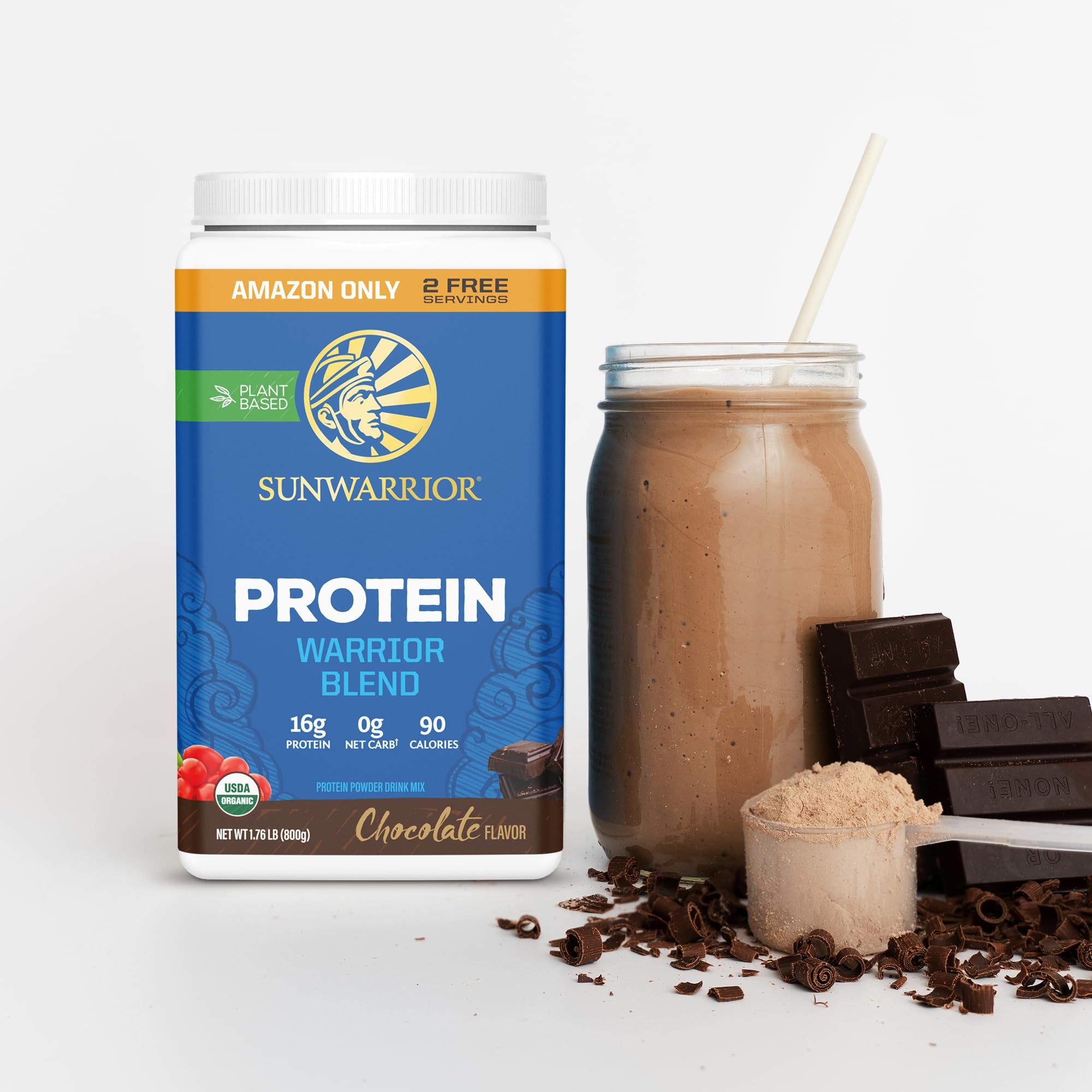 Sunwarrior gluten-free organic protein chocolate jar, clean plant-based fueling.