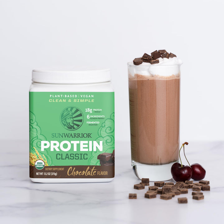 Sunwarrior ingredients panel shows gluten-free, dairy-free, vegan attributes