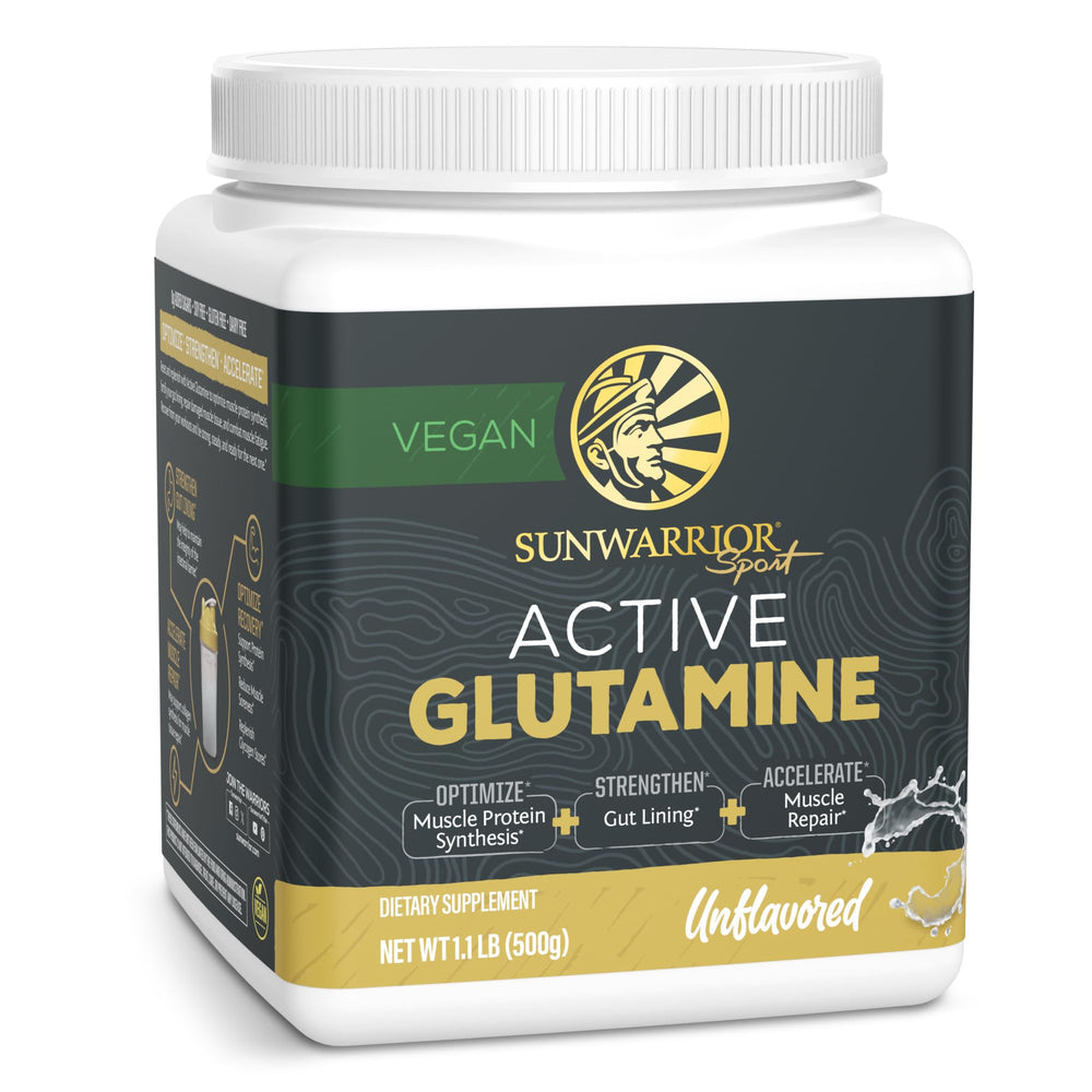 Sunwarrior L-Glutamine bottle pour highlights convenient post-workout use