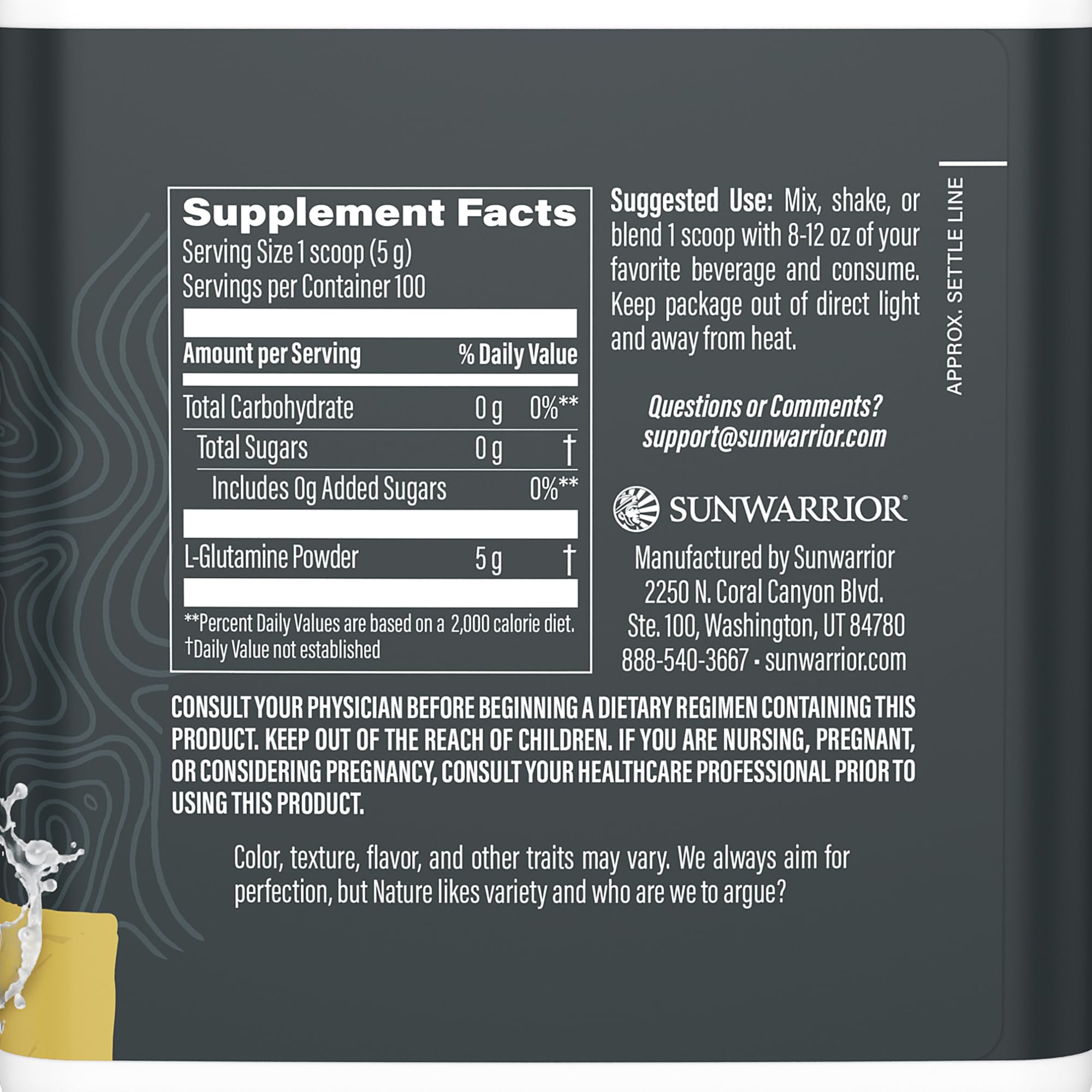 Sunwarrior L-Glutamine scoop dispenses smoothly for easy shaker mixing