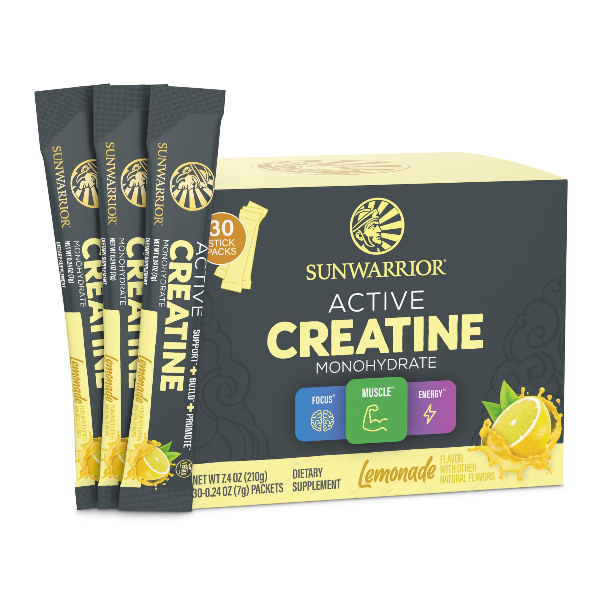 Sunwarrior Lemonade Active Creatine Stick Pack front view for convenient pre/post-workout fueling