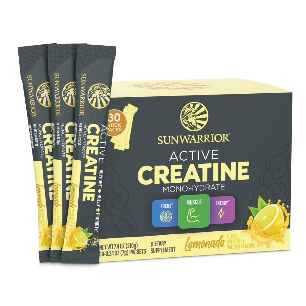 Sunwarrior Lemonade Active Creatine Stick Pack front view for convenient pre/post-workout fueling