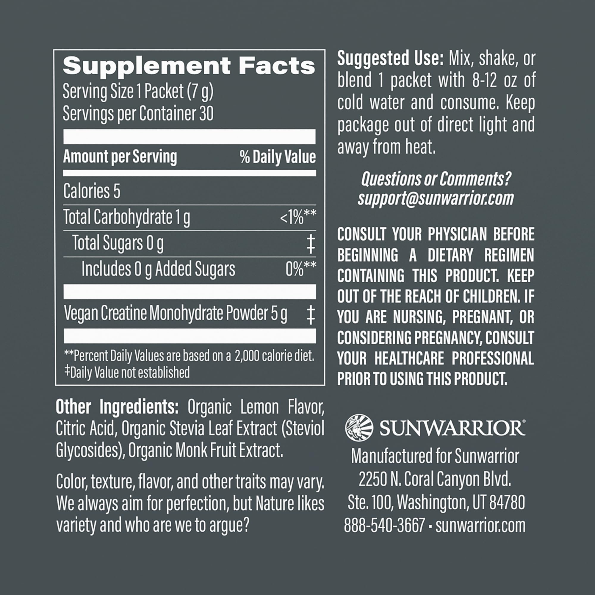 Sunwarrior Lemonade Active Creatine Stick Pack label close-up highlights clean ingredients