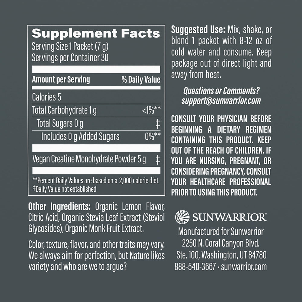 Sunwarrior Lemonade Active Creatine Stick Pack label close-up highlights clean ingredients