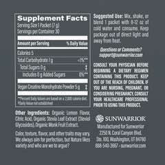 Sunwarrior Lemonade Active Creatine Stick Pack label close-up highlights clean ingredients