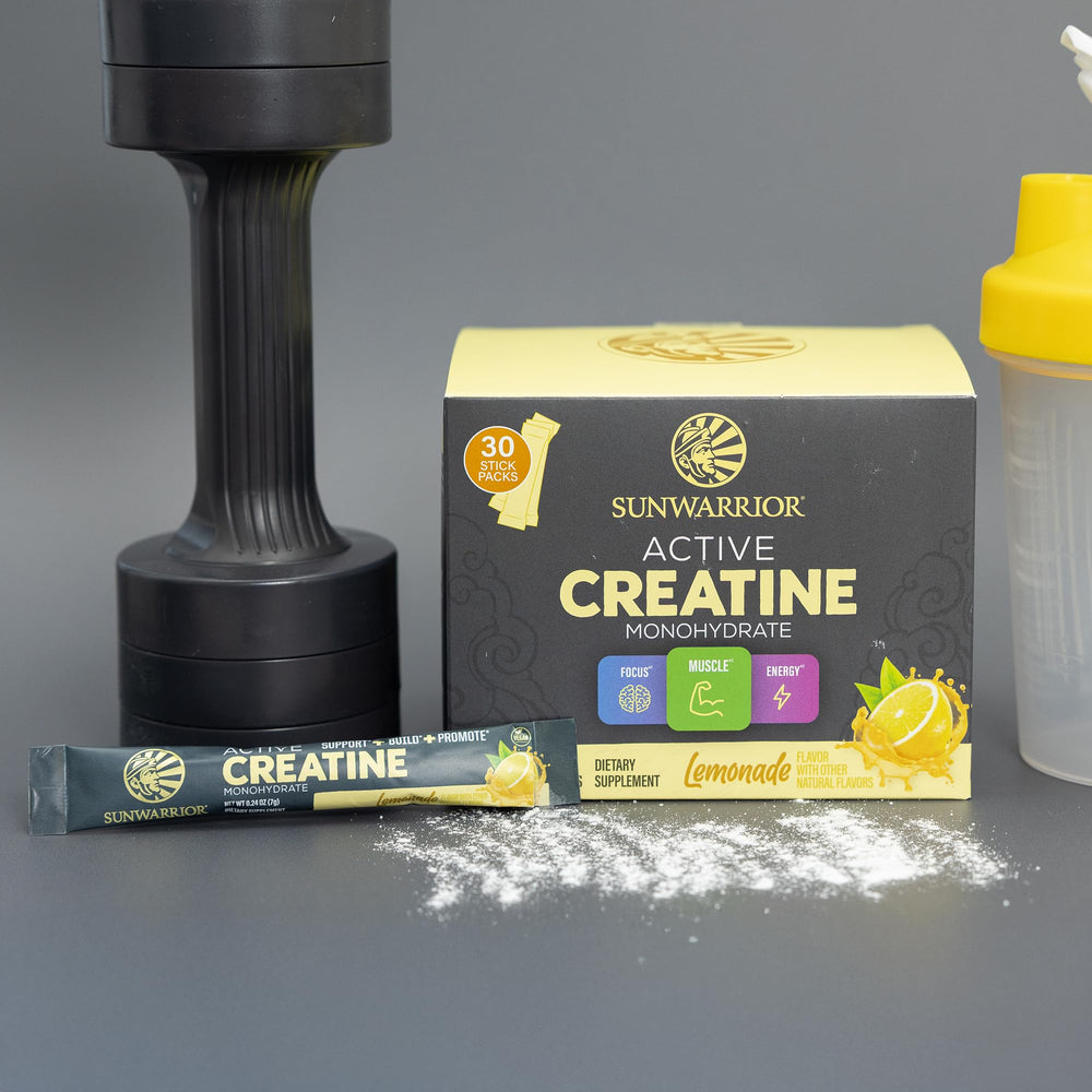Sunwarrior Lemonade Active Creatine Stick served in glass with ice suggests refreshing pre-workout ritual
