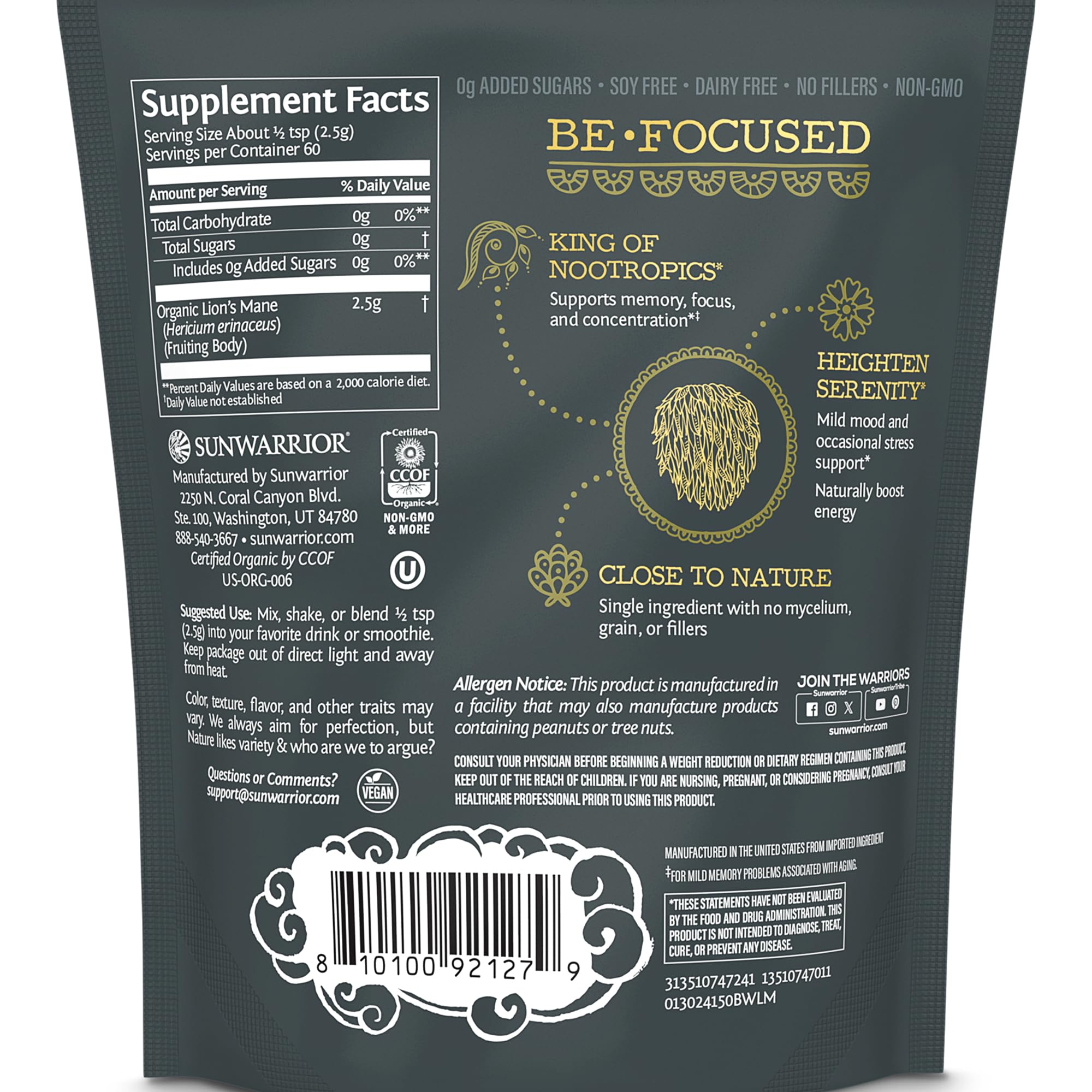 Sunwarrior Lions Mane Powder added to smoothies boosts focus and energy.