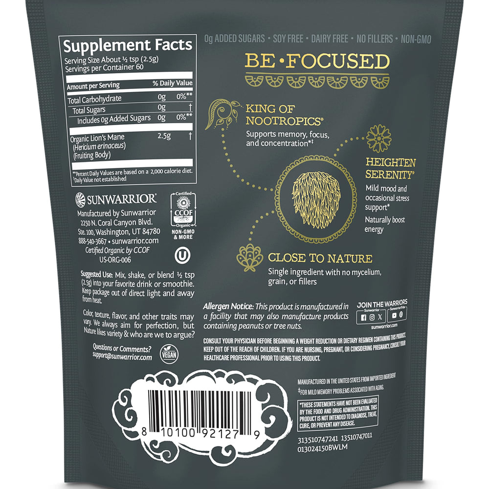 Sunwarrior Lions Mane Powder added to smoothies boosts focus and energy.