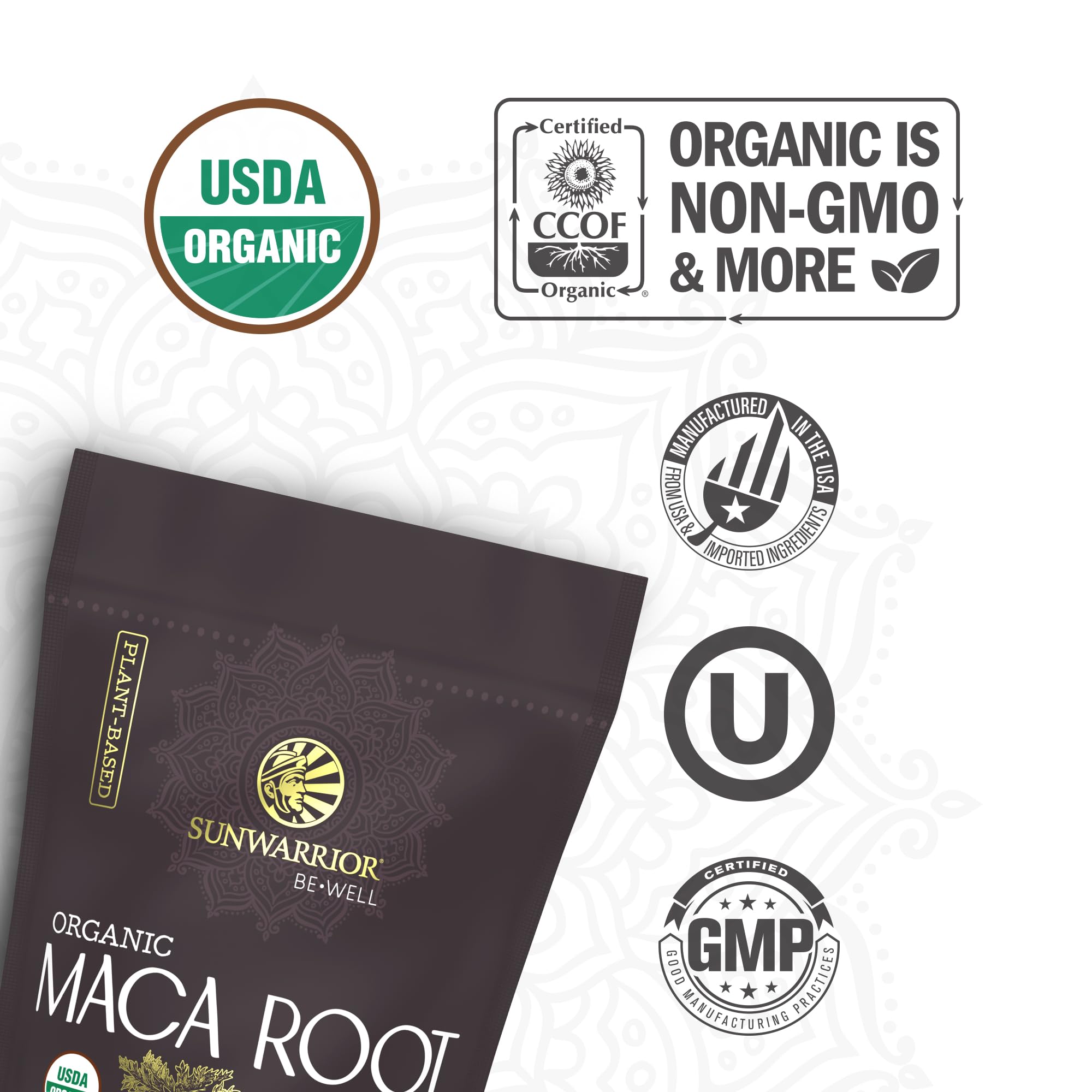Sunwarrior Maca Yellow Powder bottle close-up highlighting energy-boosting Peruvian maca