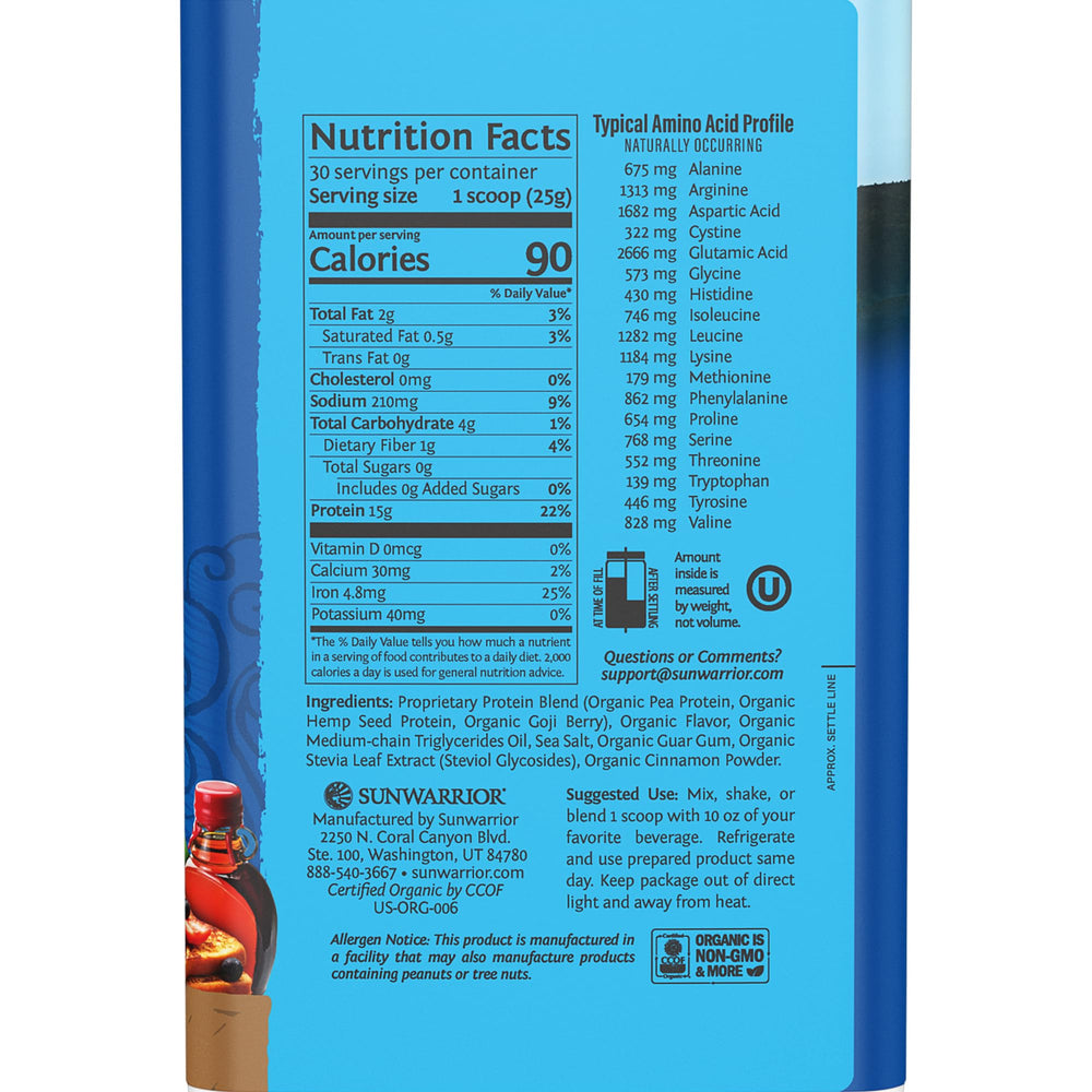 Sunwarrior maple-flavored protein powder spoon ideal for smoothies.