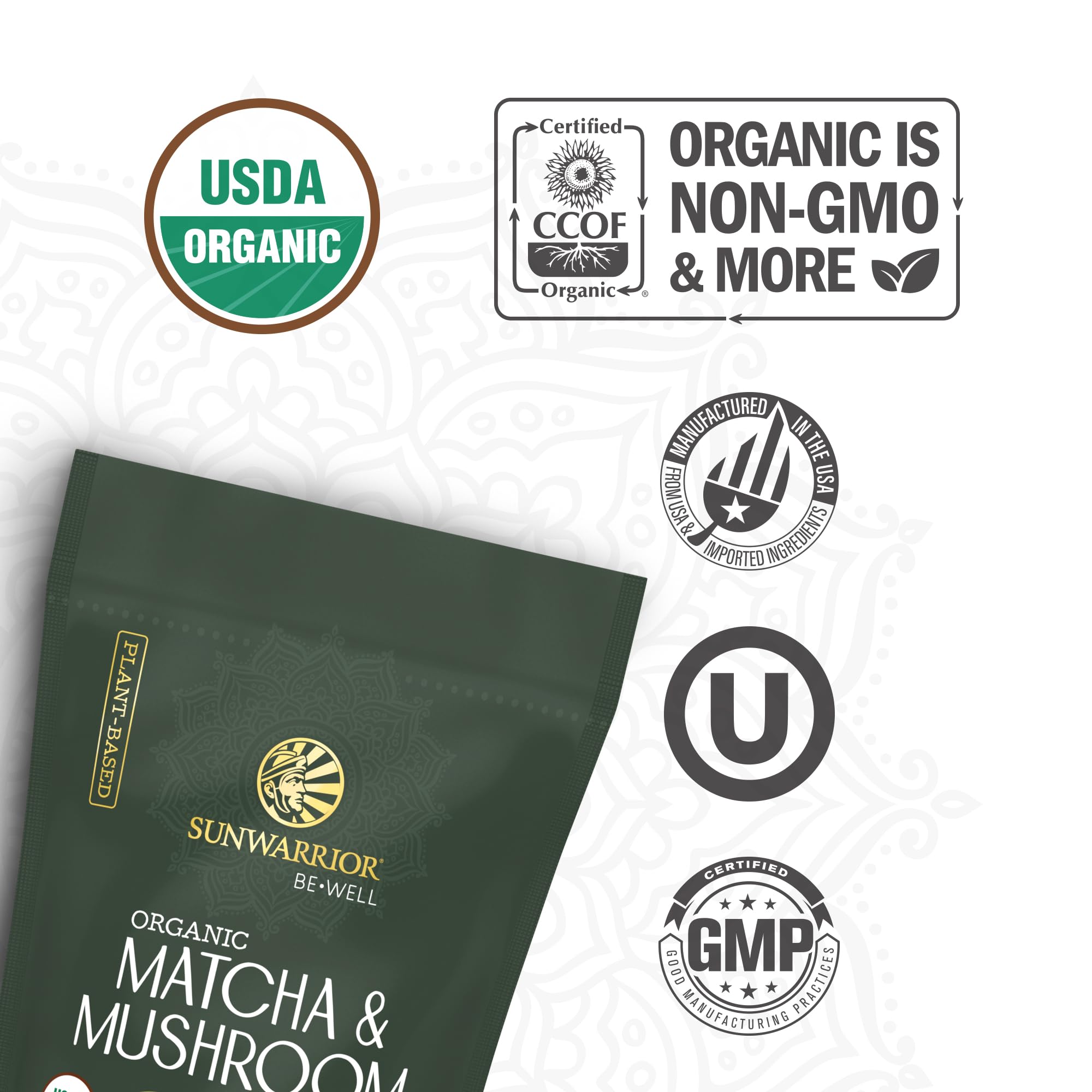 Sunwarrior matcha mushroom powder scoop showing convenient serving size