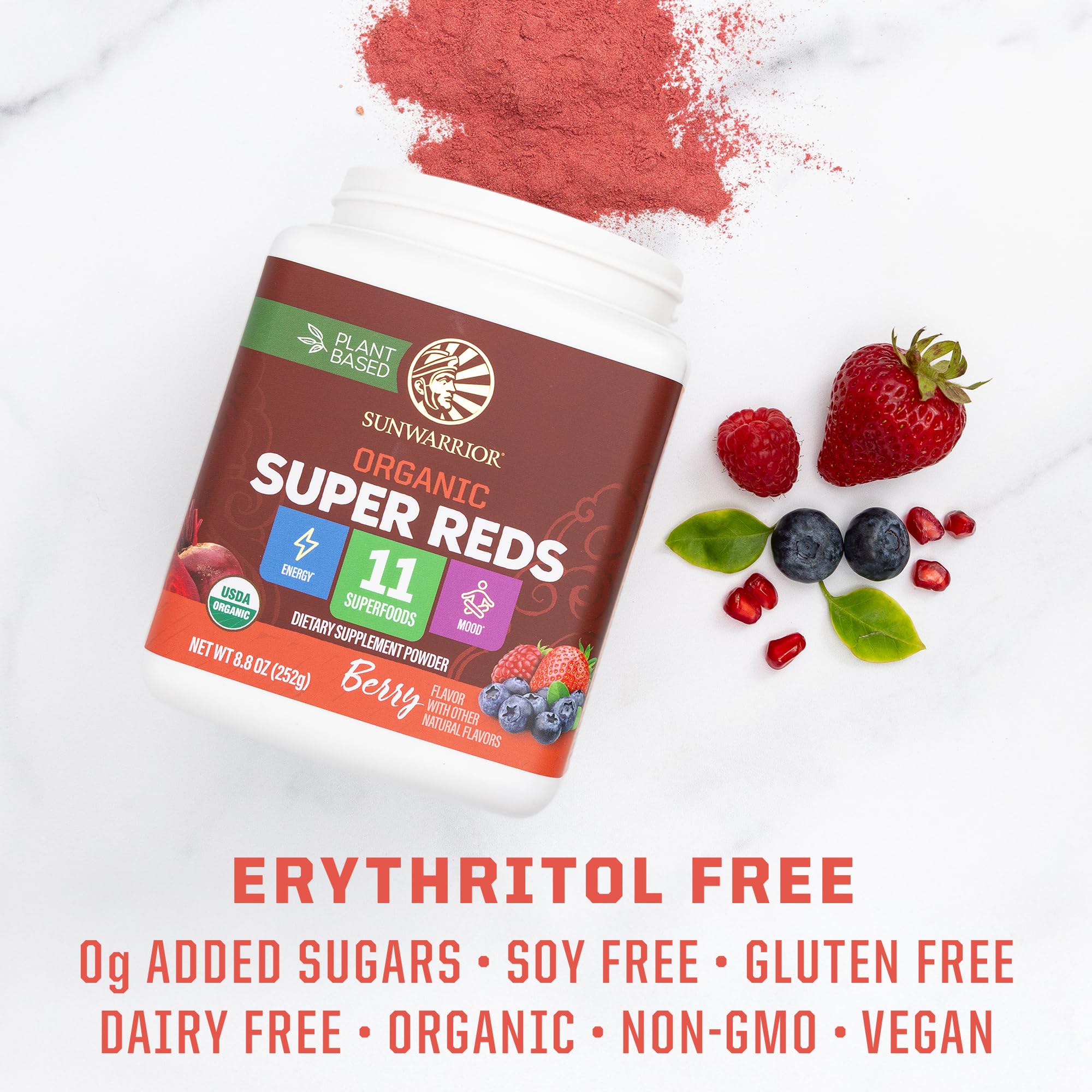 Sunwarrior no added sugar vegan gluten-free label on product