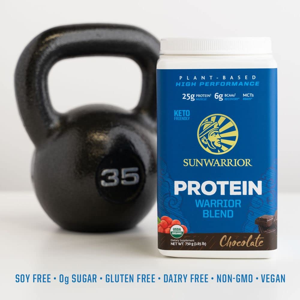 Sunwarrior non-GMO dairy-free gluten-free label on packaging.