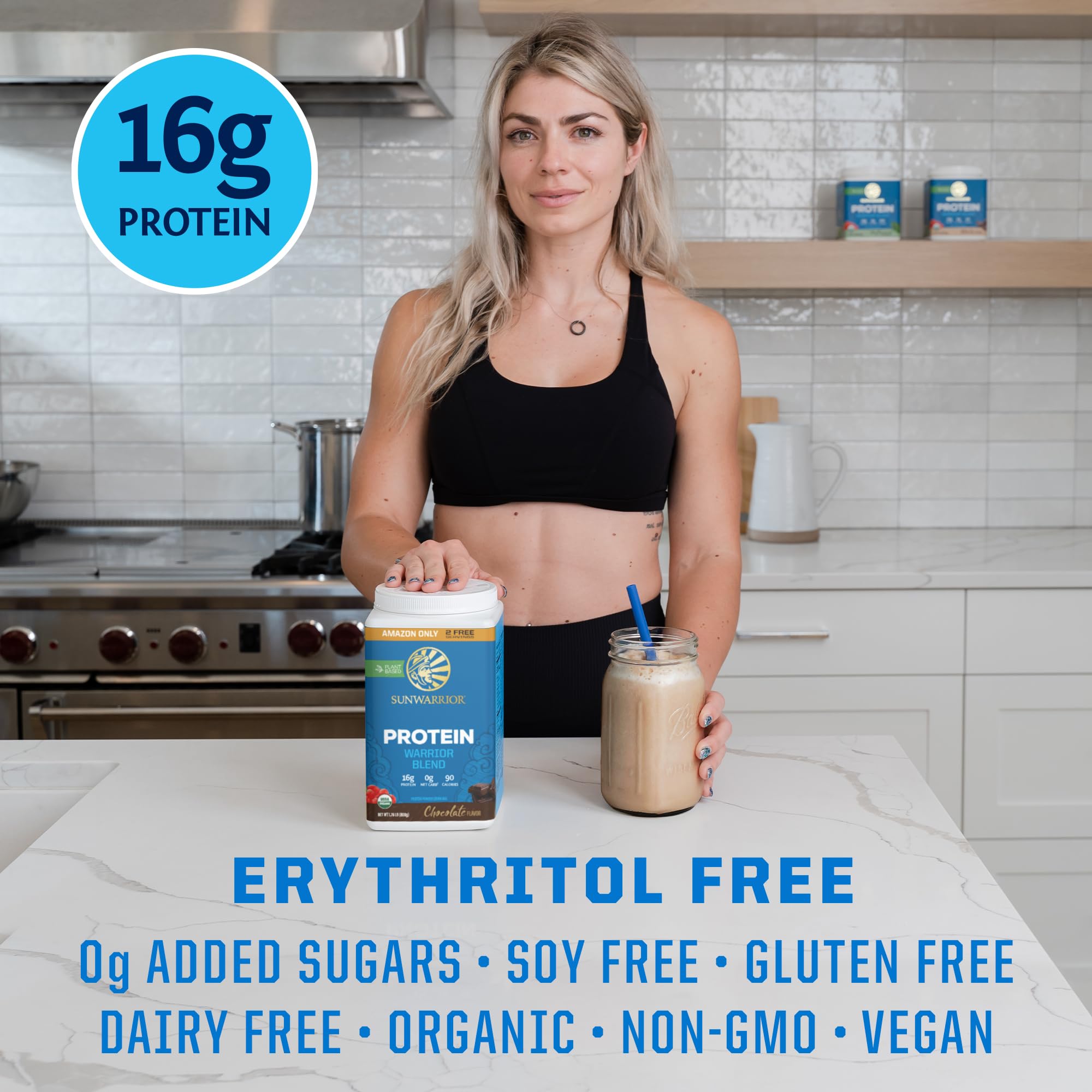 Sunwarrior non-GMO soy dairy filler chocolate powder bag, gluten-free formulation.
