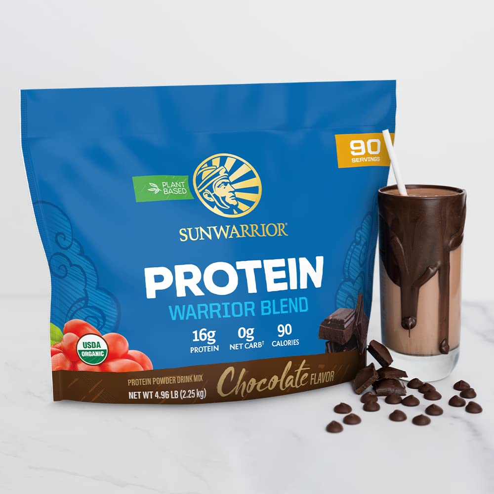 Sunwarrior nutrition panel emphasizing gluten-free, non-GMO, soy-free protein details.
