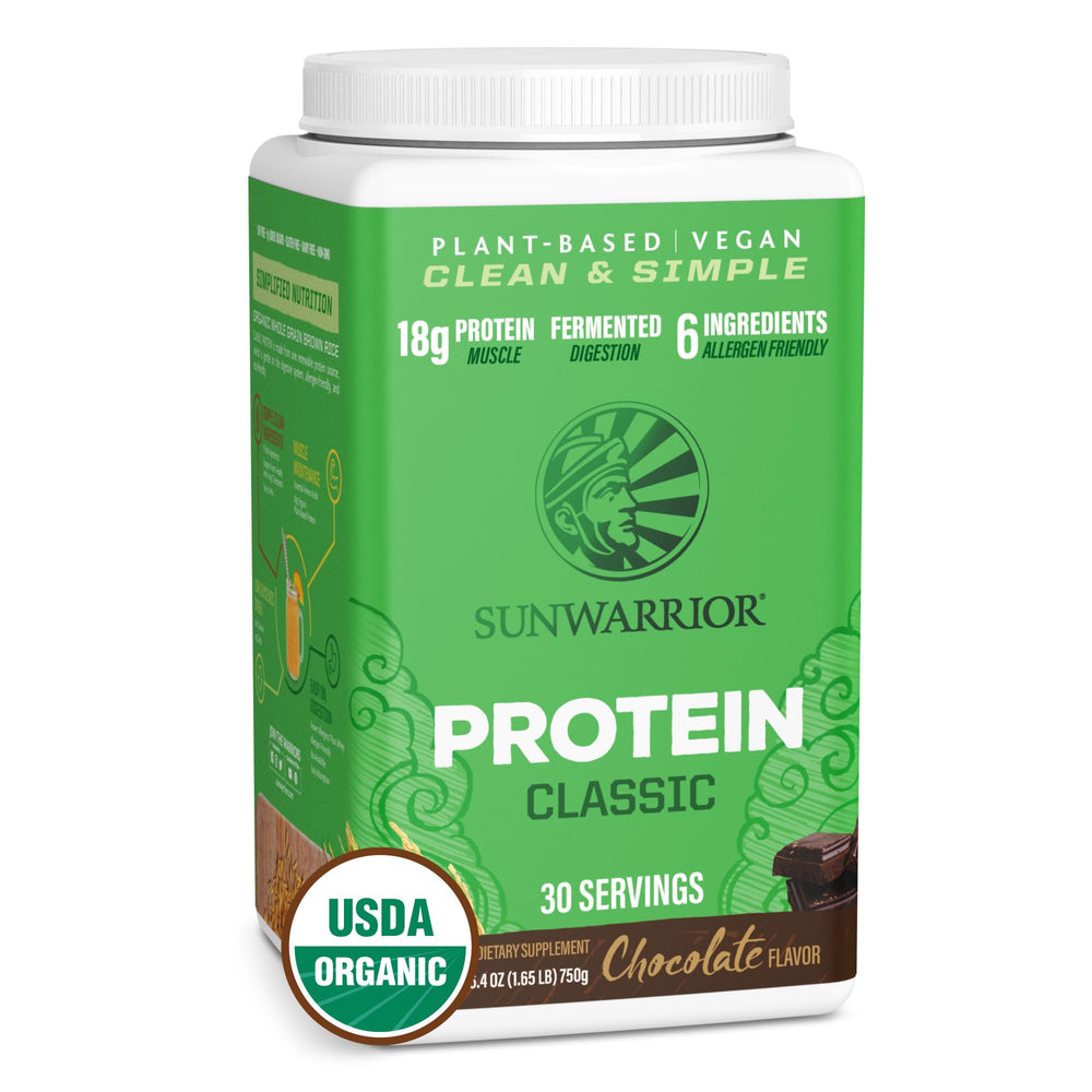 Sunwarrior Organic Brown Rice Protein Chocolate 750g package overview for clean vegan nutrition.