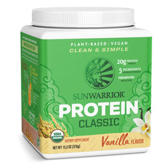 Sunwarrior Organic Classic Vanilla Protein bottle pour for quick post-workout fueling.