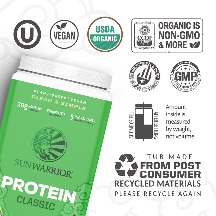 Close-up of Sunwarrior Organic Classic Vanilla Protein canister, emphasizing clean ingredients.