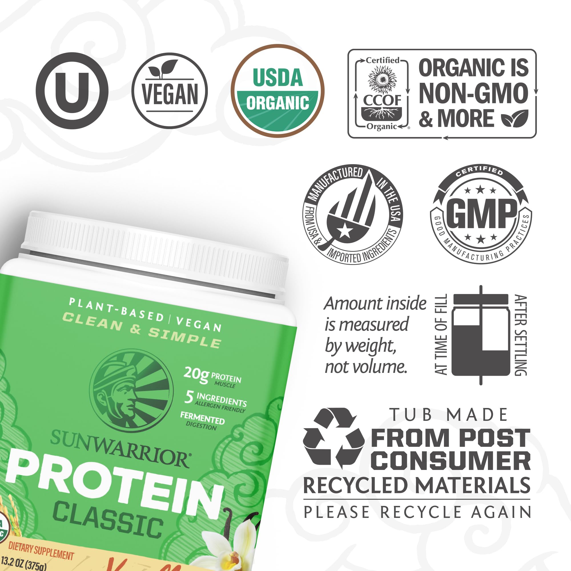 Sunwarrior Organic Classic Vanilla Protein packaging front highlights clean, plant-based protein.