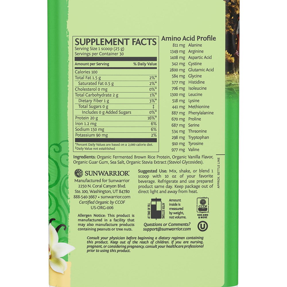Sunwarrior vanilla protein scoop highlights easy-to-mix, dairy-free shakes.