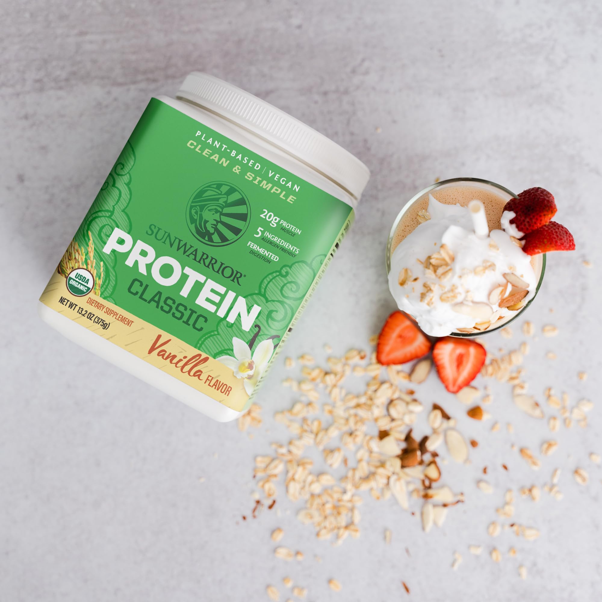 Sunwarrior Organic Classic Vanilla Protein vanilla bean visual evokes natural flavor.